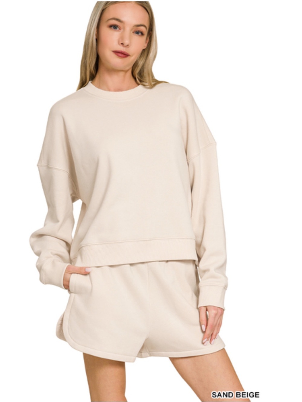 Sand beige ZENANA FLEECE LONG SLEEVE
SWEATSHIRTS & SHORTS SET